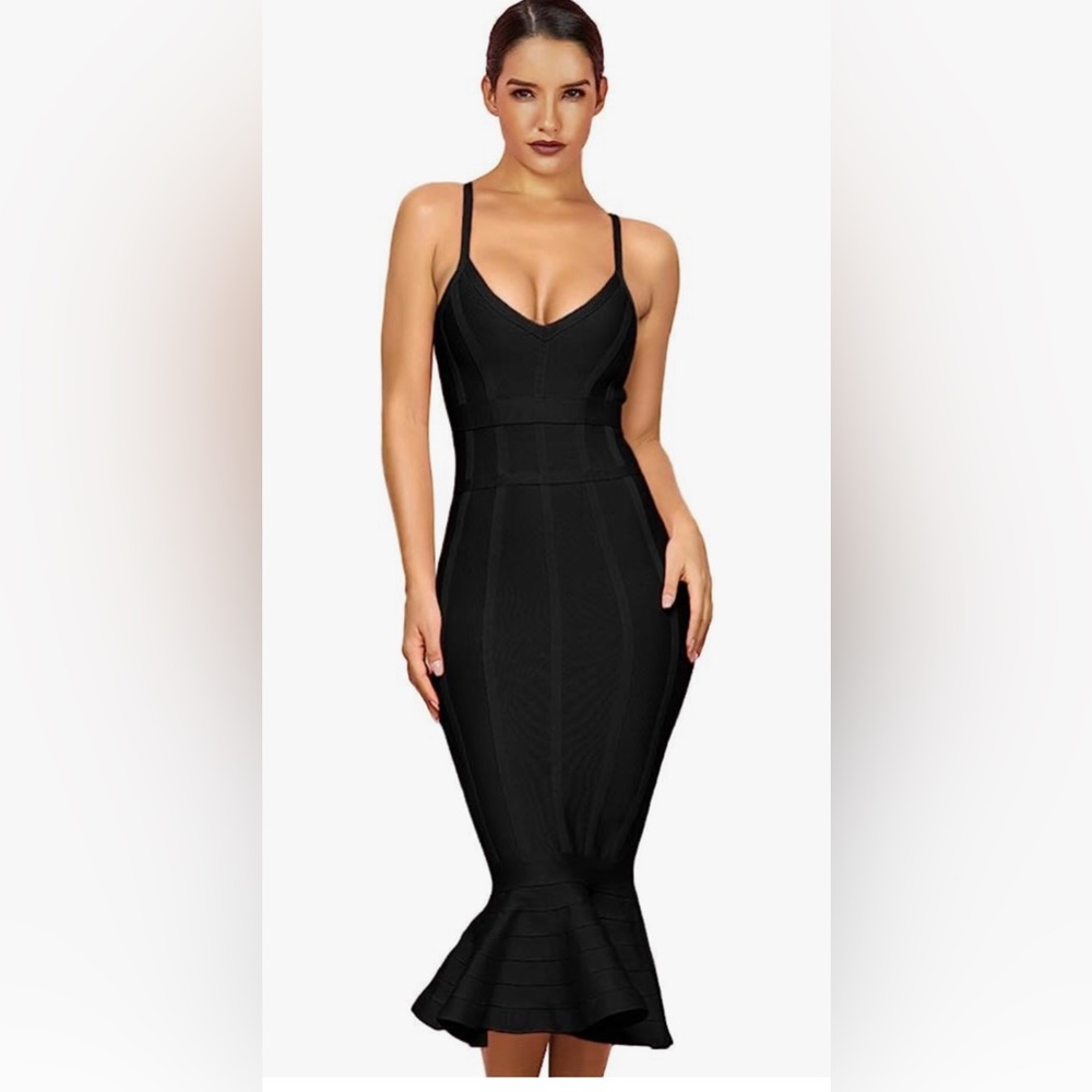 Maketina Women's Mermaid Spaghetti Strap V Neck Bodycon Midi Bandage Dress